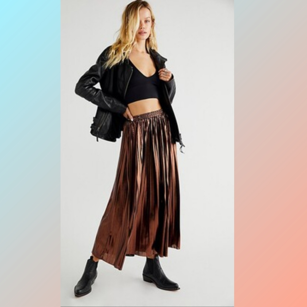 Free People En Saison Metallic Midi Skirt In Bronze Women's Size Large